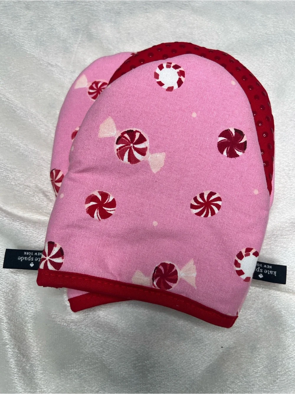 Kate Spade Pink Peppermint Print Oven Mitts with Red Trim